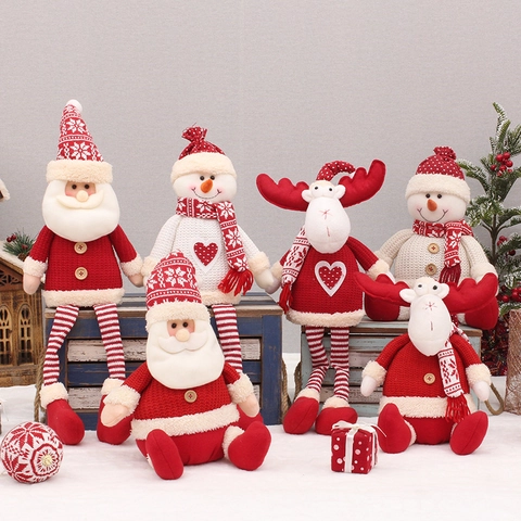 Statuina Natalizia in Maglia Babbo Natale Pupazzo di Neve Renna Bambola Seduta Gambe Lunghe per Decorazione Casa