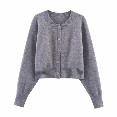 Dames Gebreid Vest Grijs Met Knopen Ronde Hals Kort Lange Mouwen Polyester Casual Elegant Trui