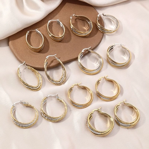 304 Stainless Steel Hoop Earrings Multi Layered Two Tone Geometric Minimalist Textured For Women Elegant Jewelry