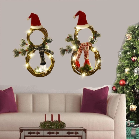 LED Christmas Snowman Rattan Wreath Warm Light Up Hanging Garland With Pine Needle Berry Red Hat Scarf Holiday Decor