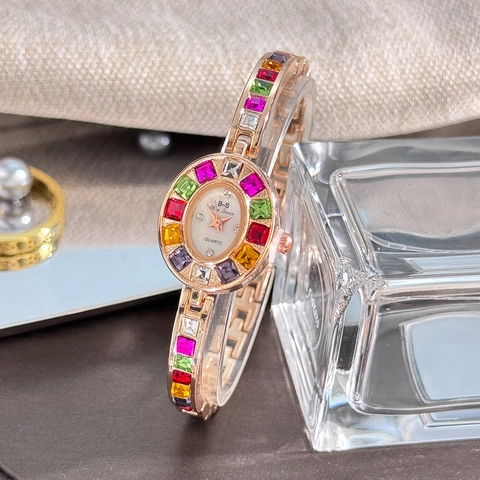 Montre Bracelet Pour Femme Strass Colorés Incrustés Petit Cadran Délicat Élégante Analogique Quartz Pour Dames