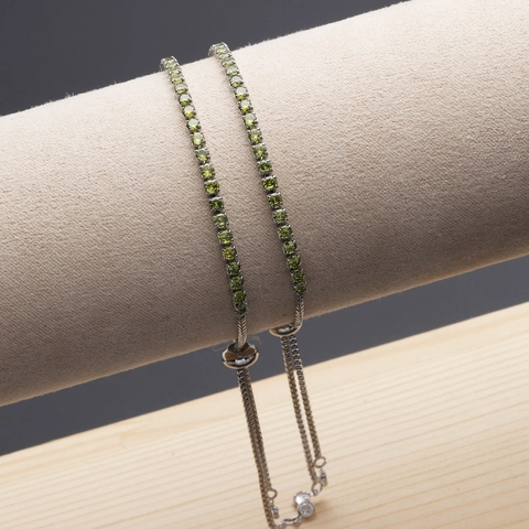 Olive Green Zircon Tennis Bracelet Copper Platinum Plated Adjustable Bolo Slider Box Chain Elegant Jewelry Gift For Women