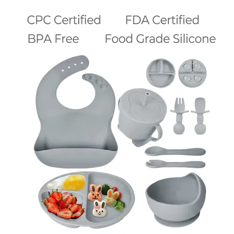 Baby Silicone Feeding Tableware Adjustable Bib Suction Plate Bowl Straw Cup Fork Spoon BPA Free Food Grade Soft Training