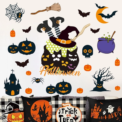 Halloween Wall Stickers Pumpkin Bat Witch PVC Removable Window Decals Home Decor Festive Party Holiday Background Ornament