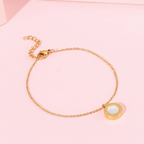 Pulsera De Acero Inoxidable Para Mujer Doble Cara Números Romanos Colgante Redondo Epoxi Negro Incrustación Concha Blanca