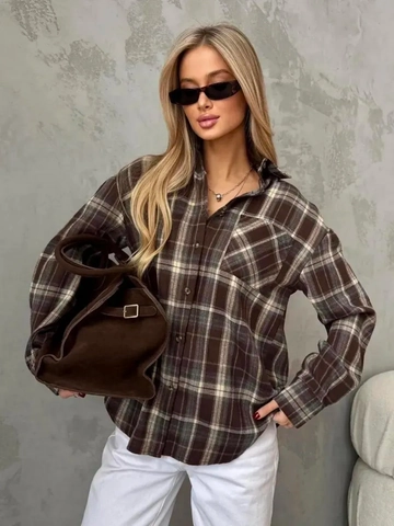 Women Retro Plaid Long Sleeve Shirt Loose Checked Blouse Polyester Cotton Blend Turn Down Collar Pocket Single Breasted Casual
