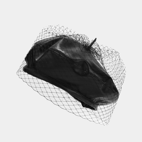Berretto In Pelle PU Vintage Da Donna Con Velo In Rete Stile Britannico Cappello Pittore Retrò Nero Moda