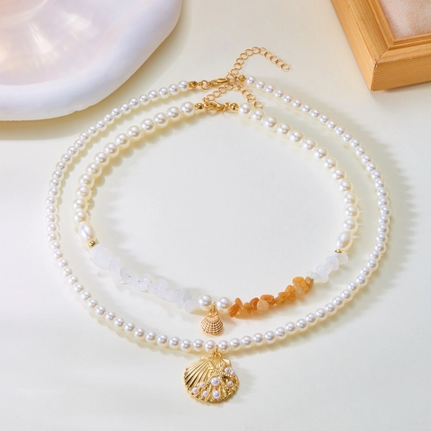 Multi Layer Necklace Bohemian Summer Beach Jewelry For Women Alloy Seed Beads Faux Artificial Pearl Shell Seastar Pendants