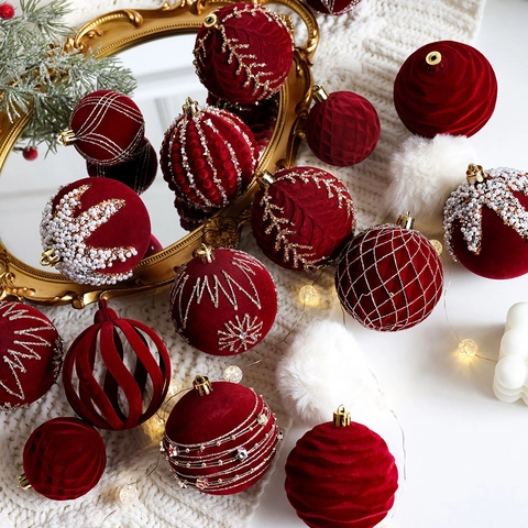 Flocked Burgundy Christmas Ball Ornaments For Christmas Tree Velvet Painted Artificial Pearl Xmas Hanging Baubles Holiday Decor