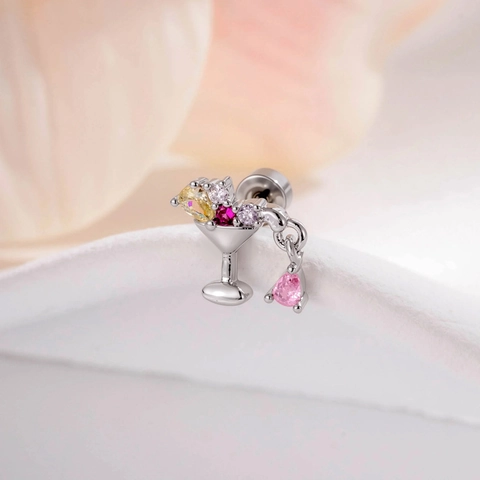 Cocktailglas Piercing Oorbel Titaniumstaal Met Zirconia Druppelhanger Fruitbeker Martini Stud Sieraden Voor Dames