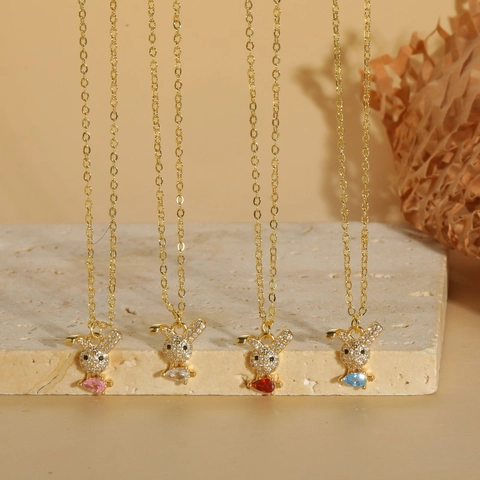 Simpatica Collana con Ciondolo Animale Cartone Animato in Rame Smaltato per Donna Coniglio Elefante in Zirconia Colorata Catena placcata in oro