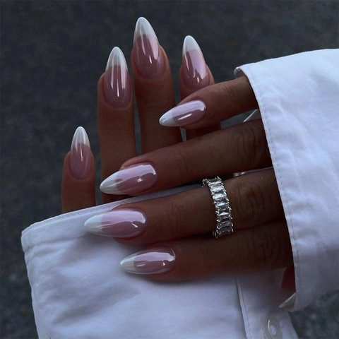 Uñas Postizas French Tip Con Acabado Cromado Perla Artificialdo Forma De Almendra Cuadrada Desmontables Para Mujeres Elegante