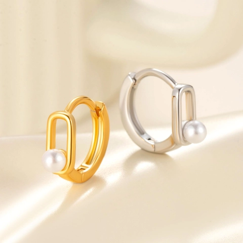 Minimalist Geometric Rectangle Hoop Earrings With Faux Artificial Pearl Copper Gold Silver Plated Elegant Ear Buckles For Women