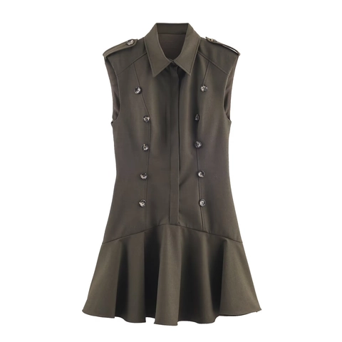 Women Sleeveless Mini Dress Buttons Lapel Collar Military Style Ruffle Hem Polyester Elegant Solid Color