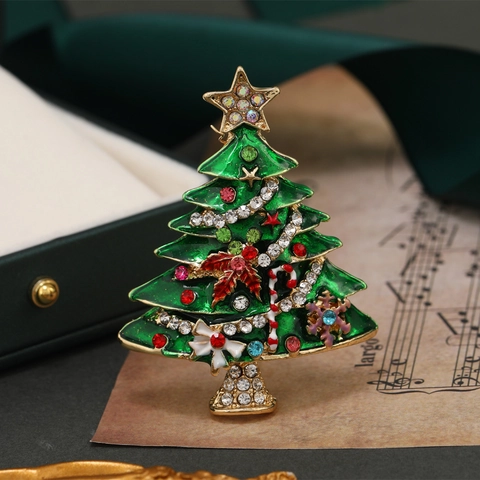 Christmas Brooch Pin Alloy Enamel Rhinestone Santa Claus Christmas Tree Festive Holiday Jewelry For Women