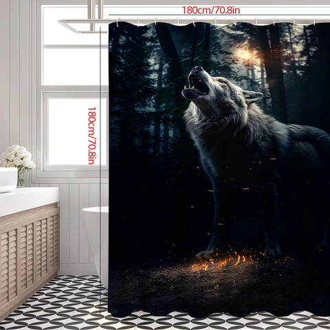 Douchegordijn Wolf Huilend Bos Thema Waterdicht Polyester Stof Badkamer Decor Haken Mystieke Donkere Stijl