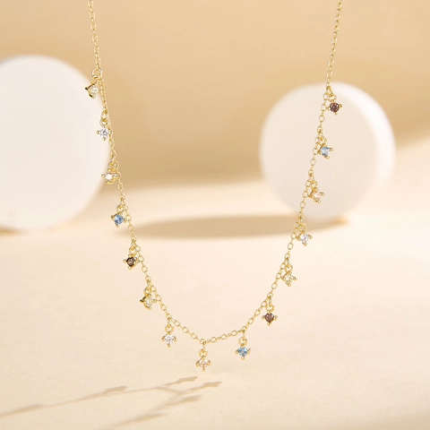 925 Sterlingsilber Bunter Zirkonia Quaste Halskette Für Damen INS Stil Mode Süß Verstellbare Schlüsselbeinkette Schmuck Geschenk