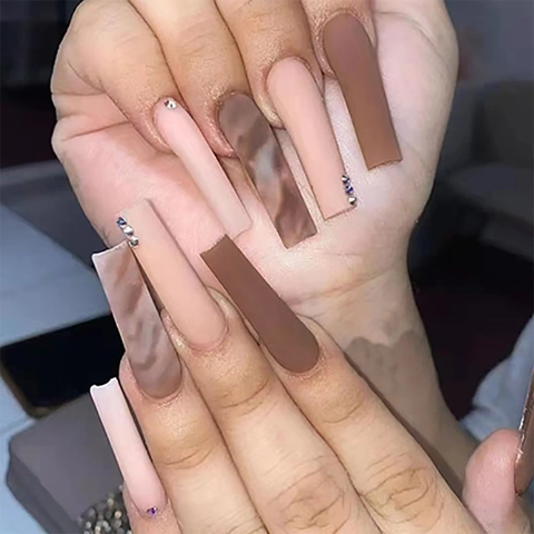 Uñas Postizas Largas Tipo Bailarina Mármol Mate Ataúd Rosa Nude Marrón Con Diamantes De Imitación Para Mujeres