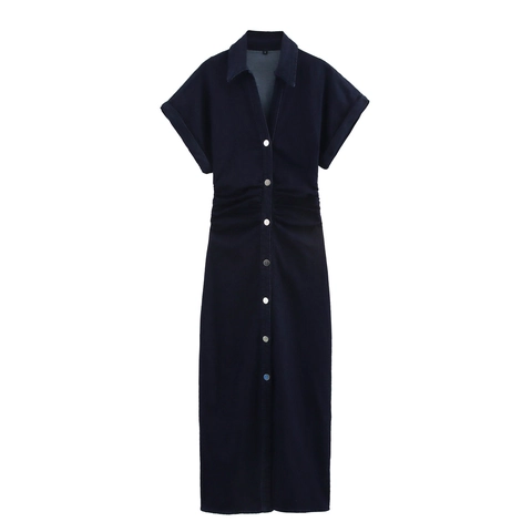 Vestido Camisero Vaquero Manga Corta Mezcla Algodón Color Sólido Cintura Fruncida Botonadura Elegante Midi Mujer