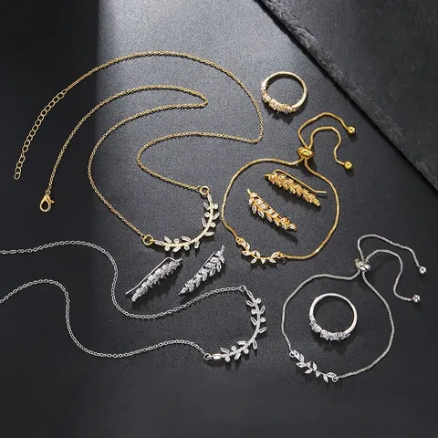 Mode Kupfer Strass Schmuckset Weizenähre Herz Blatt Anhänger Halskette Armband Ohrringe Ring Für Damen Valentinstag Geschenk