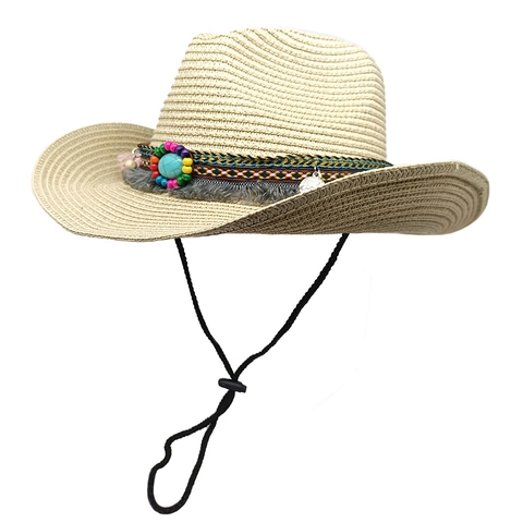 Cappello Di Paglia Da Cowboy Western Stile Boho Etnico Perline Turchesi Nappa Tesa Larga Estate Spiaggia Protezione Solare