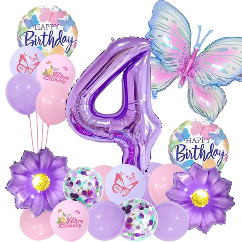 Butterfly Flower Birthday Party Balloon Set Aluminum Foil Latex Balloons Digital Birthday Decor Kit For Girls Party