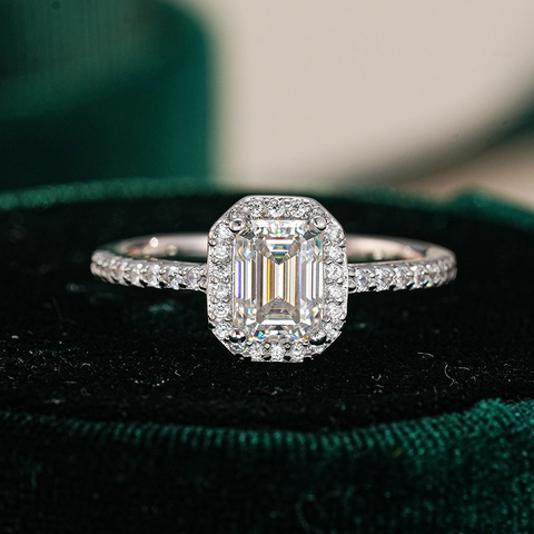Luxus S925 Sterlingsilber Moissanit Ring Für Damen Smaragdschliff Halo Verlobungsschmuck Silber Geometrischer Fingerring Hochzeit Geschenk