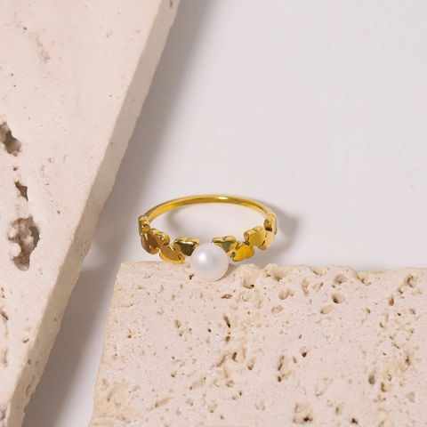 Anello Con Perla Artificial A Forma Di Cuore Acciaio Inossidabile Placcato Oro Gioielli Eleganti Per Donna