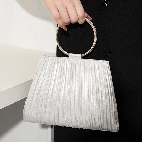 Pleated Evening Bag PU Leather Metal Round Handle Clutch For Women Party Banquet Elegant Fashion Handbag