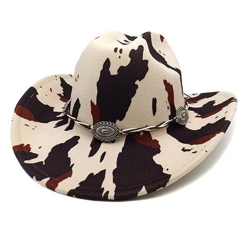 Cappello Da Cowboy Western Feltro Poliestere Stampa Mucca Leopardo Fascia Intrecciata Concho Metallo Vintage Per Uomo Donna