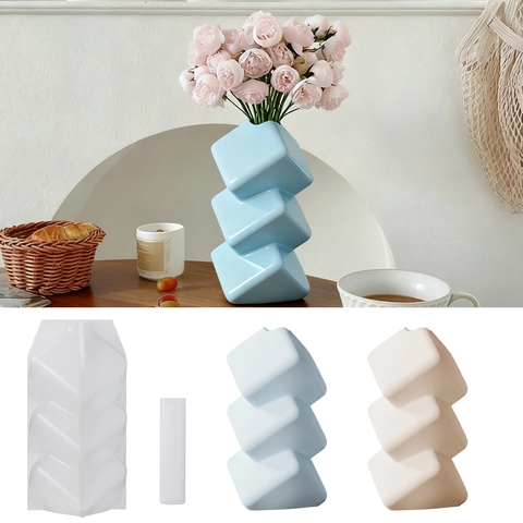 DIY Slanted Cube Vase Silicone Mold Stacked Geometric Block Resin Casting Mold For Home Art Craft Ornament Decoration