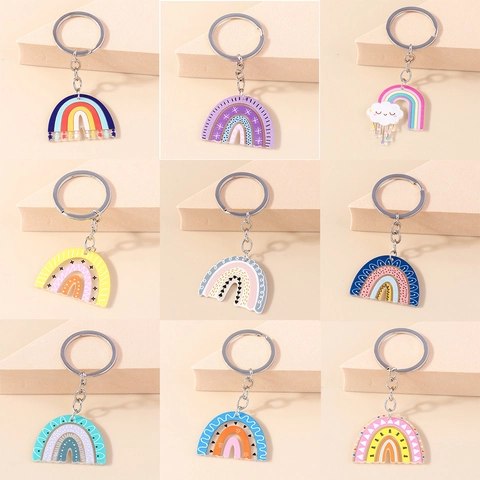 Cute Rainbow Acrylic Keychain Colorful Geometric Dot Heart Star Bag Pendant Accessory For Women Girls Ins Style