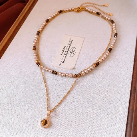 Collar Doble Capa Oro Real 18K Chapado Cobre Perla Artificial Imitación Ojo De Tigre Colgante Redondo Retro Joyería