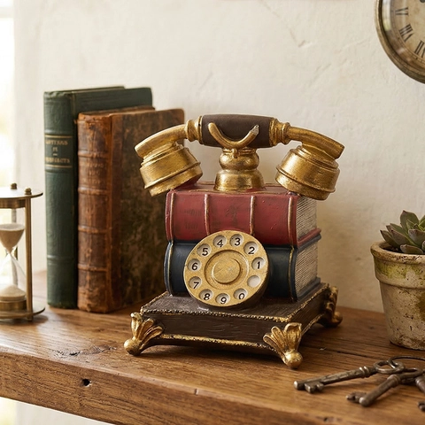 Vintage Telephone Piggy Bank Resin Stacked Books Design Money Box Retro Desktop Ornament Home Office Decor Sculpture