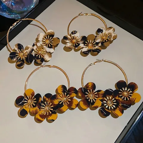 Übergroße Creolen Mit Leopardenmuster Stoffblumen Vintage Boho Schmuck Mit 925 Sterling Silber Ohrstecker