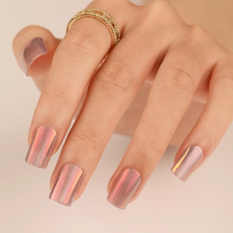 Aurora Iridescent Press On Nails Square Short Fake Nails Artificial Pearl Luster Metallic Pink Purple Shimmer Manicure For Women