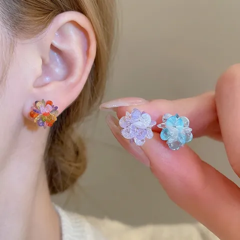 Colorful Crystal Flower Cluster Stud Earrings With 925 Sterling Silver Earring Post Elegant Sweet Jewelry For Women