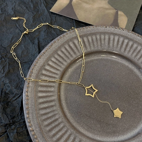 Titanium Stahl Stern Anhänger Halskette Für Damen Gold Hohlstern Quaste Büroklammer Kette Y-Form Schmuck