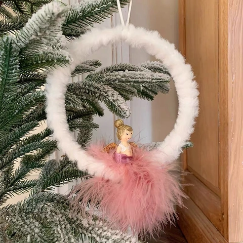 Decorazioni Albero Di Natale Ragazza Ballerina Angelo Peluche Piuma Resina Capelli Dorati Gonna Rosa Stella Cuore Luna Cerchio