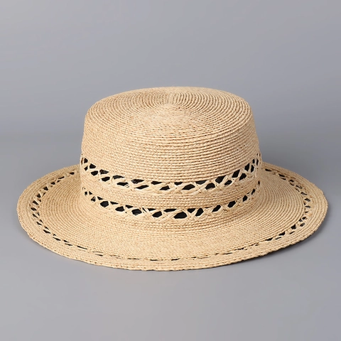 Raffia Boater Hat Flat Top Wide Brim Hollow Hand Woven Summer Beach Sun Protection Breathable Travel Elegant For Women
