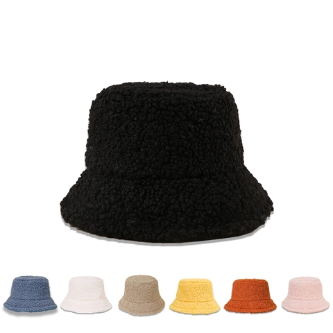 Sombrero De Pescador Para Mujer Otoño Invierno Terciopelo Teddy Cálido Lana De Cordero Sintética Suave Ala Ancha Color Sólido