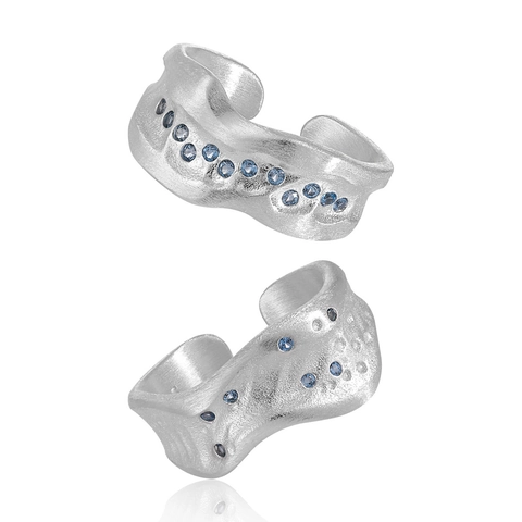 925 Sterling Silver Open Ring For Women Irregular Wave Design Brushed Texture Blue White Zircon Aesthetic Adjustable
