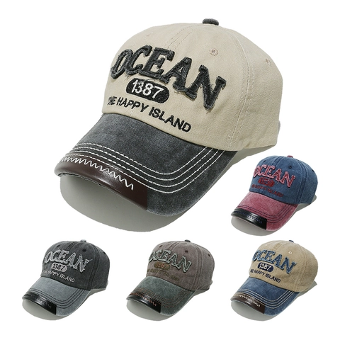 Cappello Da Baseball In Cotone Lavato Retrò Ricamato Lettera OCEAN Patchwork Protezione Solare Cappello Papà Regolabile Unisex