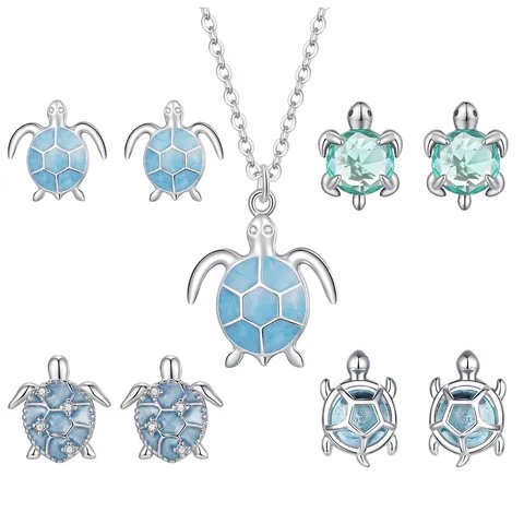925 Sterling Silver Ocean Life Jewelry For Women Sea Turtle Starfish Conch Pendant Necklace Rhinestone Stud Earrings Bracelet Ring Marine Style Gift