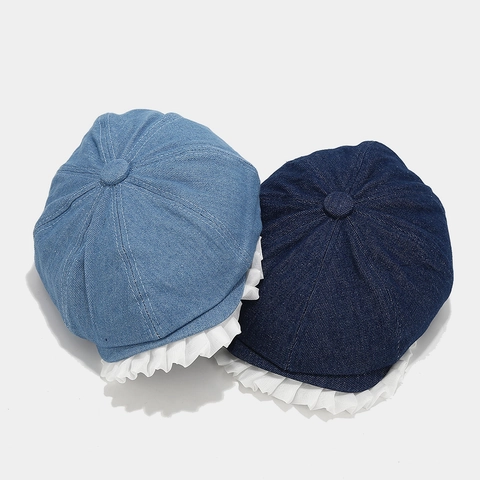Béret En Denim Rétro Pour Femmes Avec Bordure En Dentelle Blanche Style Japonais Vintage Casquette Octogonale De Peintre