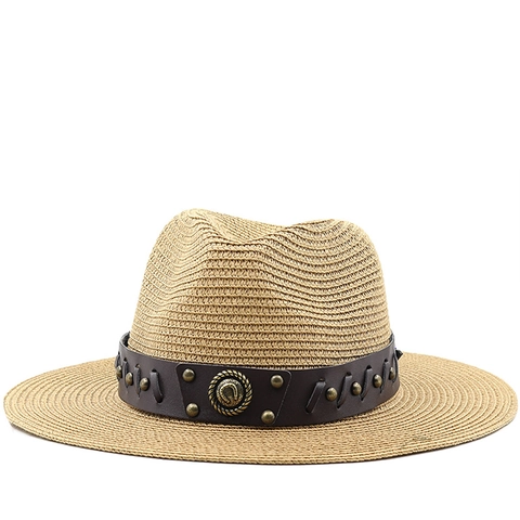 Western Cowboy Straw Fedora Hat Breathable Woven Sun Protection Beach Holiday Faux Leather Band Rivets Retro Style