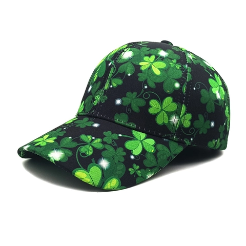 St. Patrick's Day Baseballkappe mit Kleeblatt-Druck Verstellbarer Sonnenhut Atmungsaktiv Grün Schwarz Gebogene Krempe Kopfbedeckung für Party Damen Herren