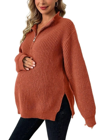 Maglione Premaman In Maglia Mezza Zip Collo Alto Spacco Laterale Manica Lunga Maglia Grossa Pullover