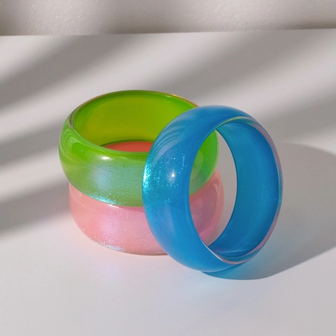 Wide Resin Acrylic Bangle Bracelet With Stainless Steel Pearlescent Glitter Geometric Round Retro Cool Jewelry For Women