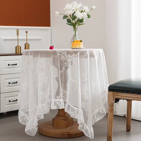 Nappe en Dentelle Brodée Vintage Français Élégante Nappe Ajourée Florale Avec Bord Volanté pour Table Basse Ronde